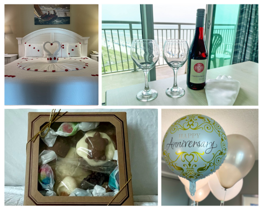 collage of 4 images showing a rosepetal turndown service, bottle of wine and wineglasses, anniversary balloons and a box of chocolates