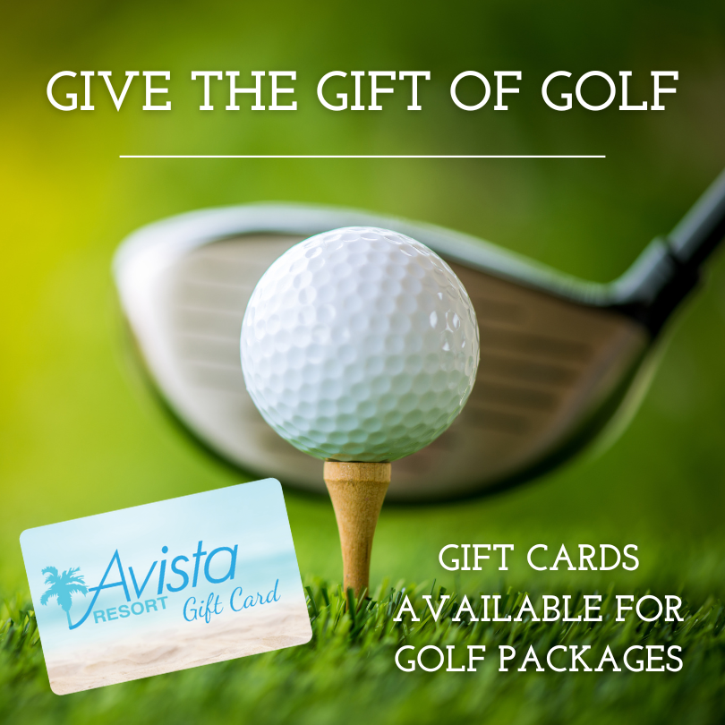 Golf ball on tee with a club and Avista Resort gift card promoting golf packages.