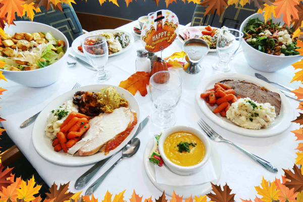 A delicious Thanksgiving dinner laid out on a table at the Avista Resort.