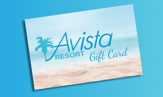 Close up of an Avista Resort gift card on a blue background