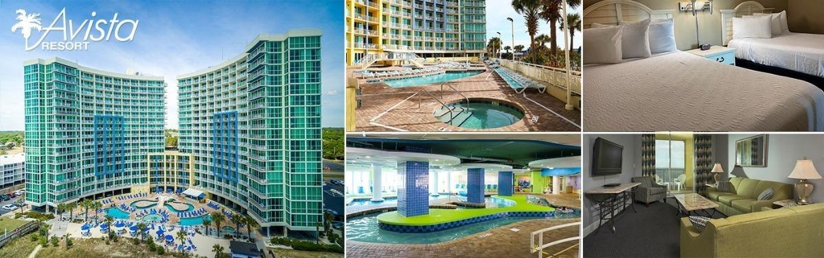 An image collage of the Avista Resort, the lazy river, living area of a condo and the bedroom space of a north myrtle beach vacation rental