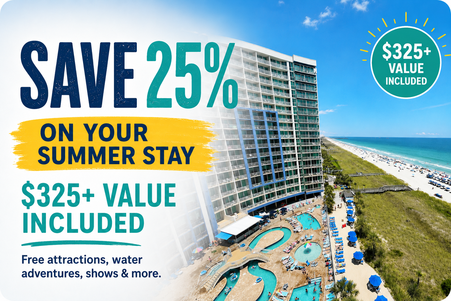 Avista Resort summer sale graphic featuring oceanfront resort views, Save 25% on your summer stay, and $325+ vacation value included