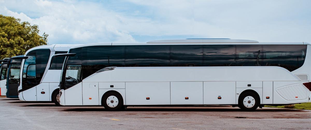 Motorcoach buses parked outside