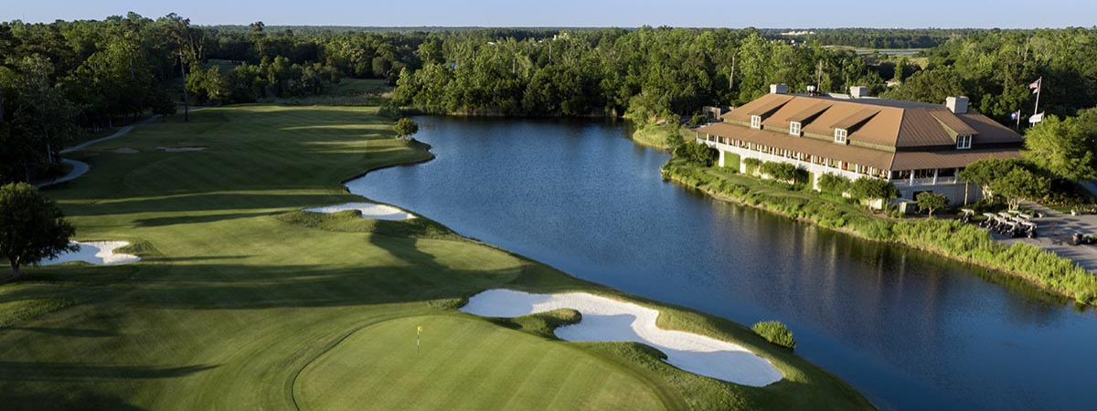 Aerial view of the clubhouse at Barefoot Golf Resort