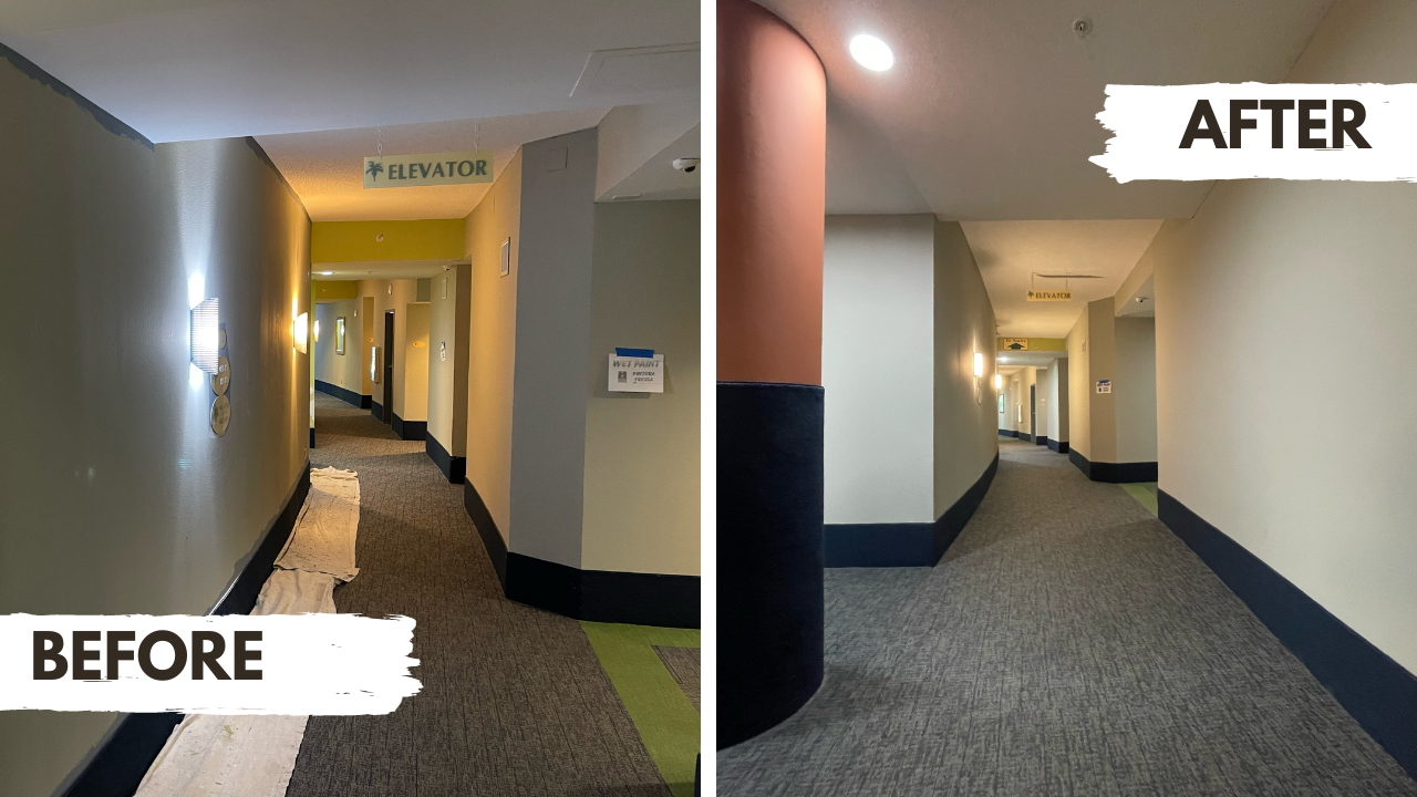 Before and after photos of a hallway upgrade at Avista Resort.