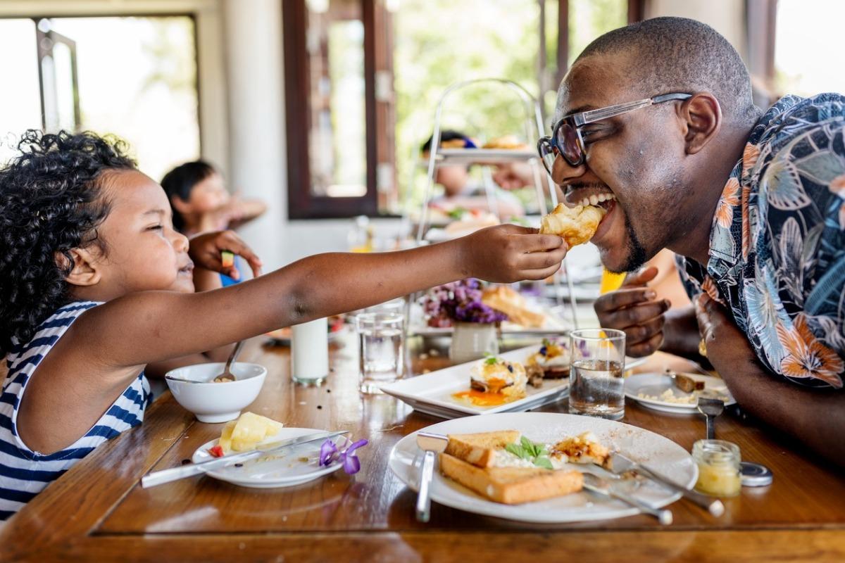 family enjoying brunch at a local restaurant