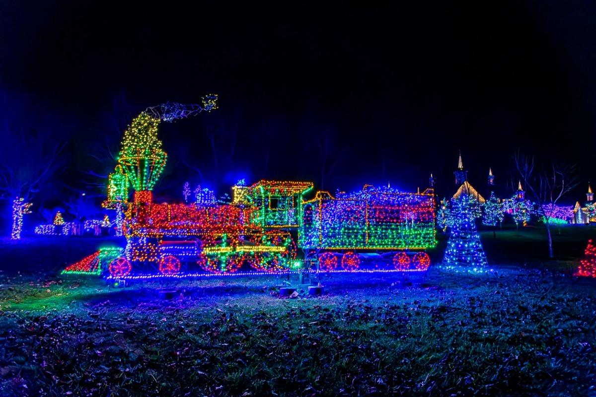 train in lights at a local drive through light show in north myrtle beach near Avista Resort.