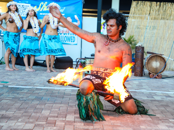 Image promoting Avista Resort's Hula Fire Show on Sundays from June - September with images of fire dancers and hula girls