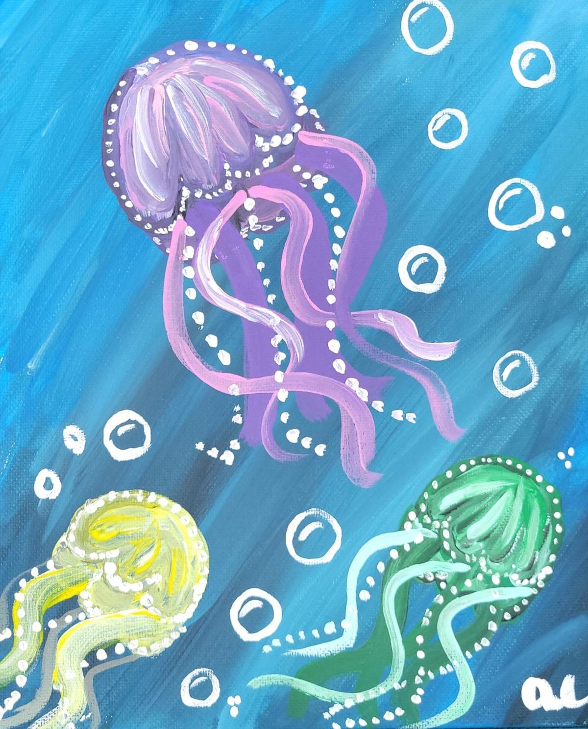 Painting of three jellyfish with bubbles