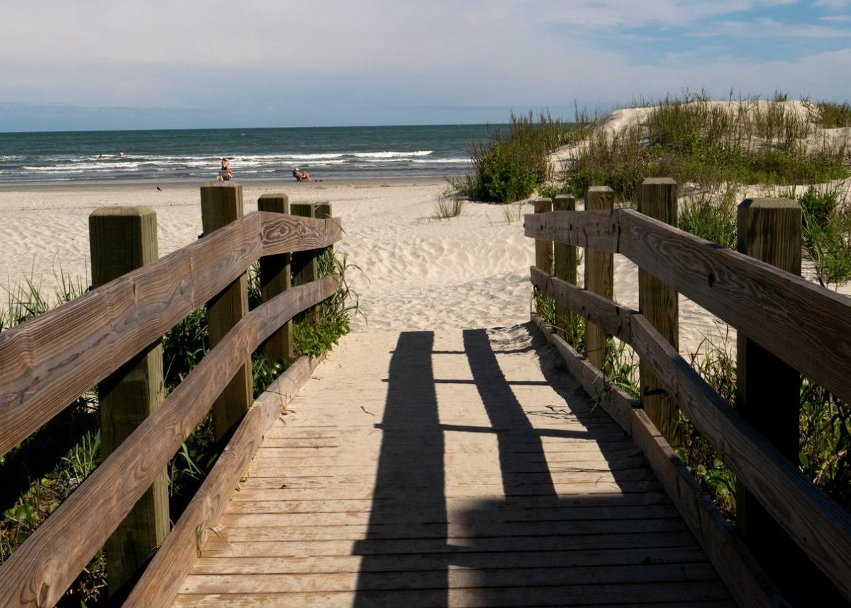 a long view of the area called The Point in Cherry Grove where the inlet meets the ocean