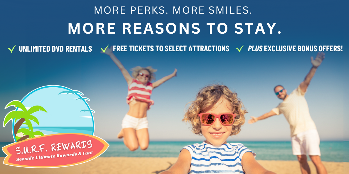 Promo banner for S.U.R.F. Rewards with benefits like DVD rentals and tickets.