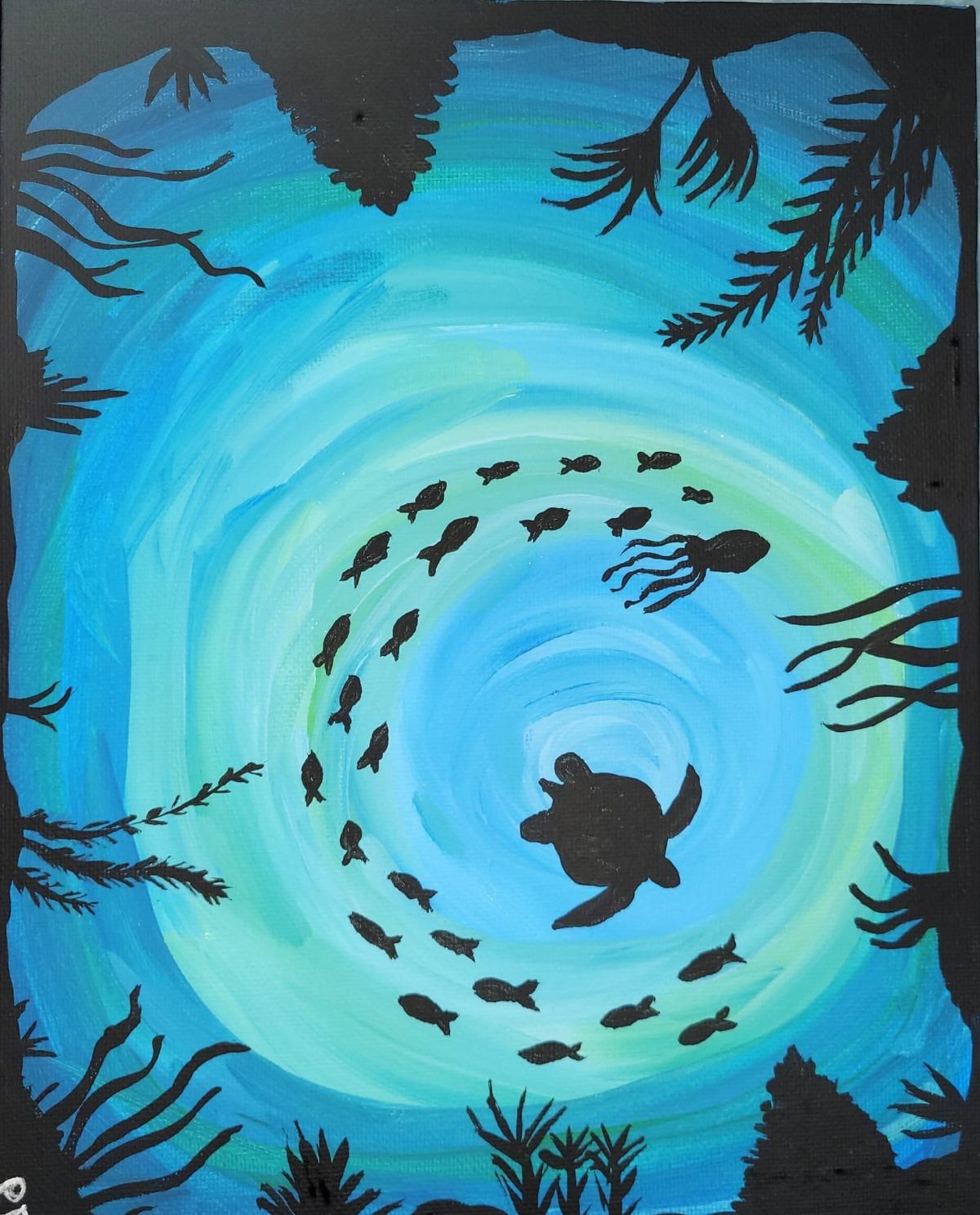 Painting of a turtle, octopus and school of fish swimming