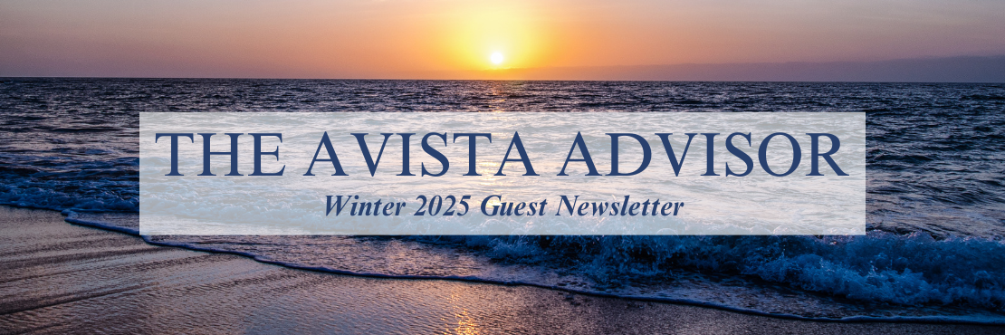 Ocean sunrise background with text overlay that says Avista Advisor Guest Newsletter